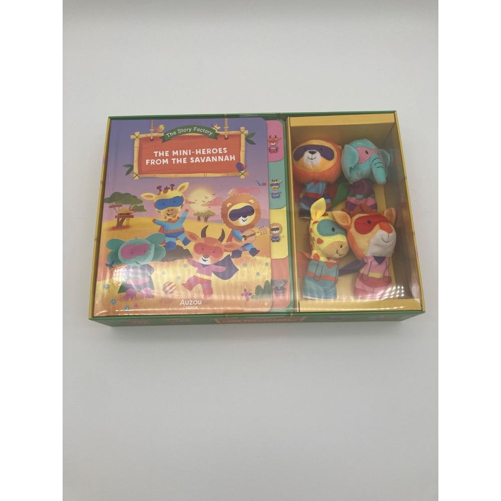 Auzou Mini-Heroes From the Savannah Book & 4 Plush Finger Puppets Box Set NEW